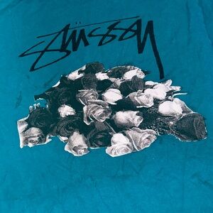 Stussy blue/green shirt with roses on the back